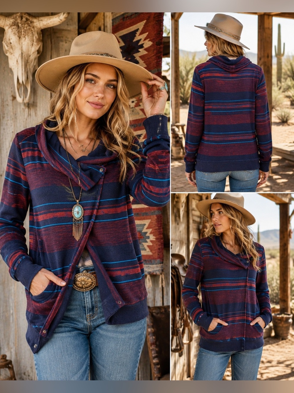 Element Striped Cowl Neck Snap Front Sweater Jacket Medium Navy Burgundy Boho